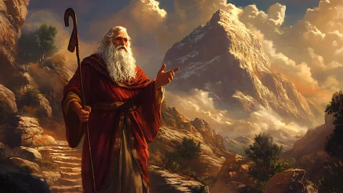 Elderly robed figure with staff before large mountain peak.