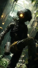 Humanoid robot explorer in overgrown industrial greenhouse.