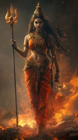 Fiery warrior goddess figure in ornate orange attire walking.