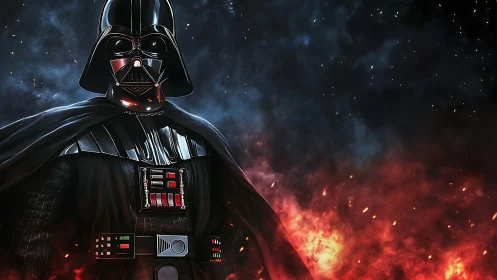 Dark armored figure stands over erupting fiery landscape