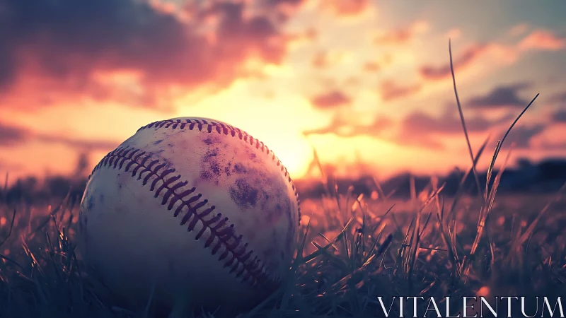 Weathered baseball rests in grass under vivid sunset sky