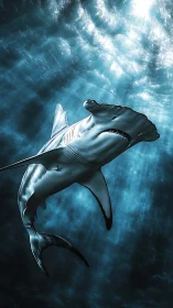 Majestic hammerhead shark glides peacefully through blue light