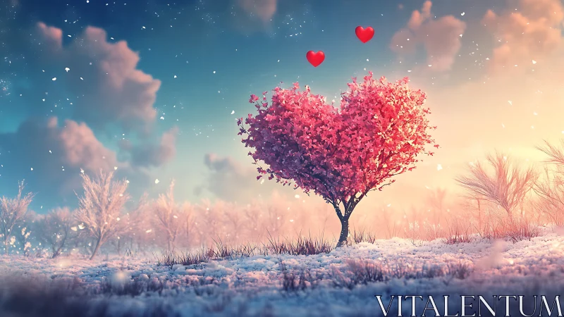 Heart-Shaped Tree in Snowy Landscape with Floating Hearts
