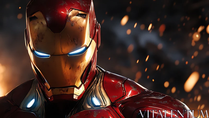 Battle-worn red armored hero amid drifting sparks at dusk.