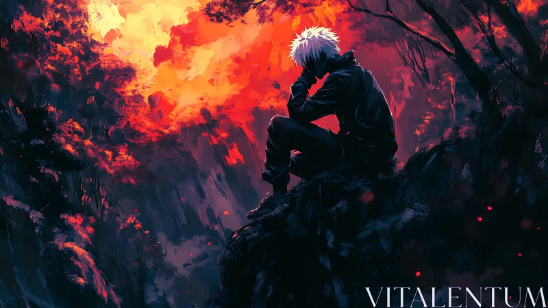 Solitary white-haired figure in incendiary forest atmosphere.