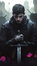 Battle-worn knight bows over bloodstained sword in ruins