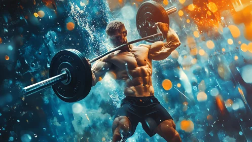 Explosive barbell power in a storm of electric color energy.