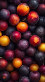 Mixed red and yellow plums in dense overhead arrangement.