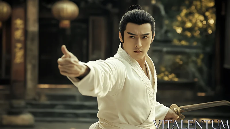 Martial artist in white robes holds sword in courtyard stance