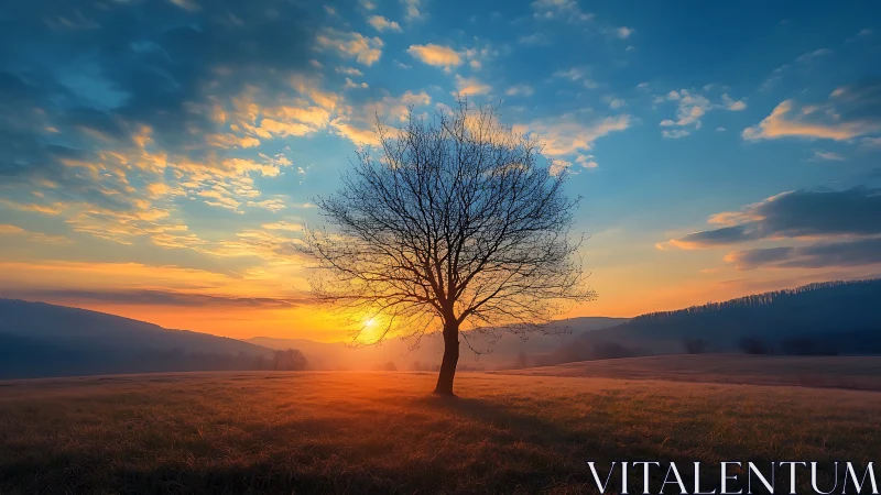 Solitary dawnlit tree guarding a mist-kissed valley horizon.