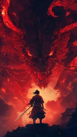 Samurai confronts colossal flaming dragon in molten sky
