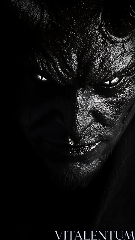 Demonic face emerges from darkness with intense glowing eyes