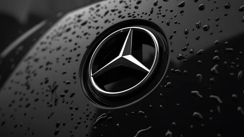 Automotive hood emblem in macro focus with glossy water beads