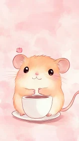 Pastel kawaii hamster holding teacup on soft pink wash.