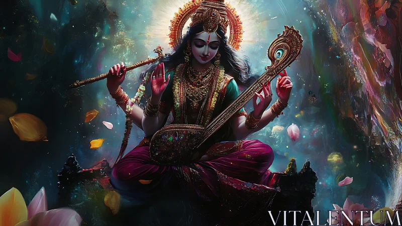 Divine musician goddess floats in cosmic petals and light.