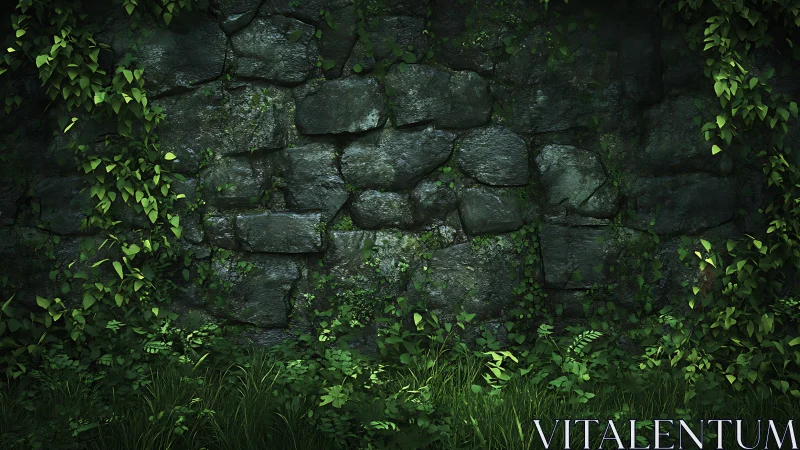 Old stone wall surface overgrown with dense green ivy