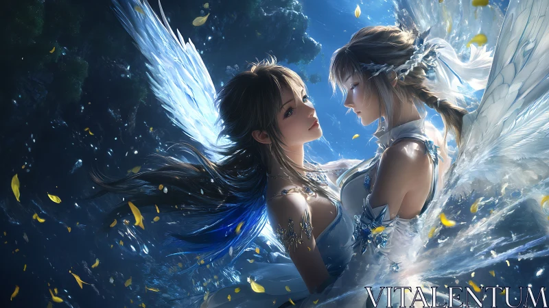 Twin angelic guardians share a luminous embrace in starlight