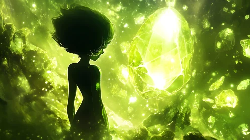 Emerald child adrift among singing star-crystals in neon dusk.