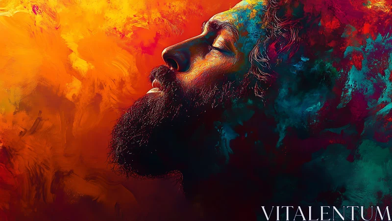 Dreamlike portrait dissolves into fiery abstract nebulae.