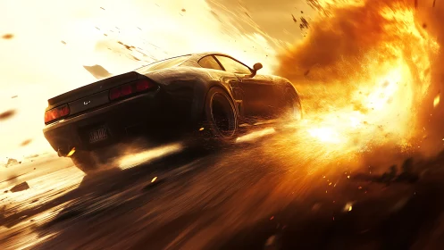 High-speed muscle car outruns fiery explosion in dynamic drift