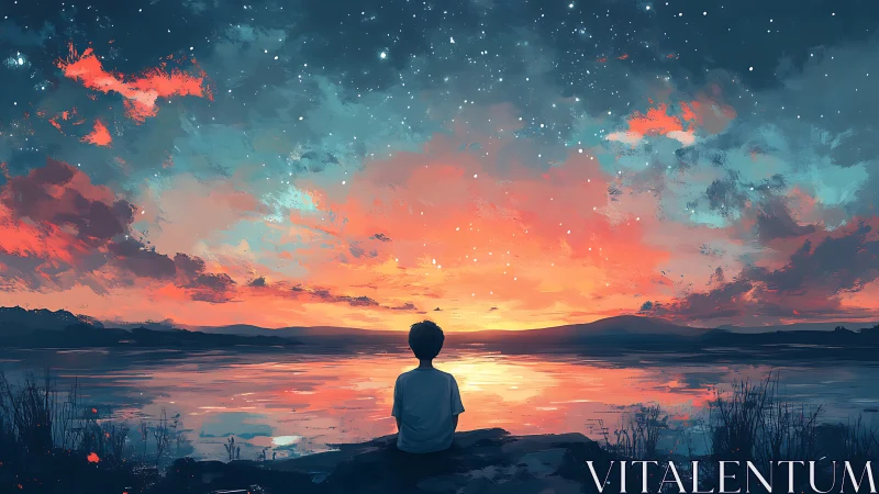 Silhouetted child observes vivid sunset sky over lake