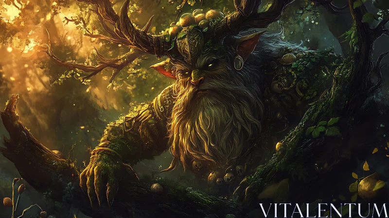 Moss antler sage guarding a sunlit forest threshold.