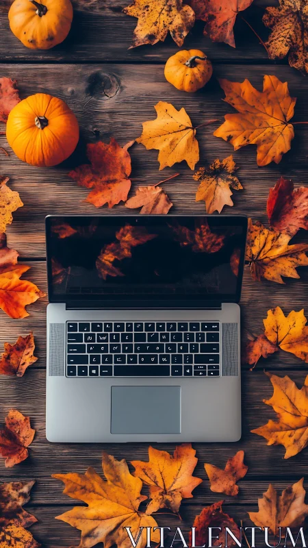 Laptop rests among autumn leaves on rustic wooden desk