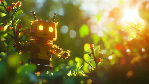 Transparent yellow toy robot stands in sunlit garden foliage