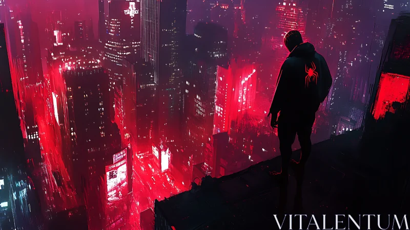 Cyberpunk vigilante overlooking neon red metropolis at night.