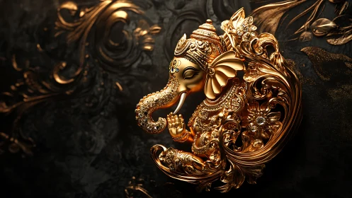 Golden Ganesha in ornate swirls of light and quiet grace.