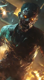 Burning zombie strides through chaotic inferno-lit corridor