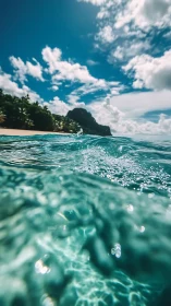 Tropical shoreline from wave level, shimmering teal water.