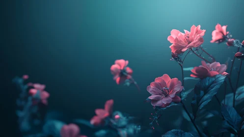 Pink flowers against teal background with selective focus depth