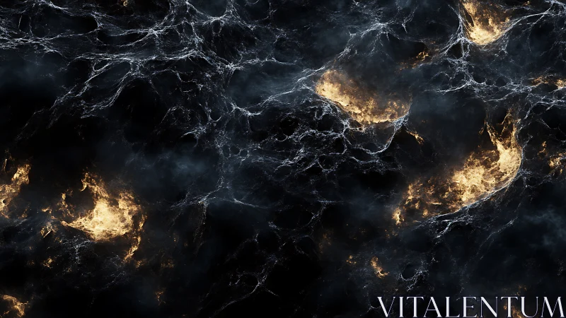 Fiery glowing pockets suspended in dark swirling web