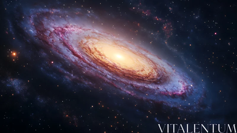 Golden spiral galaxy glows softly at the heart of deep space
