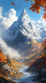 Autumnal alpine massif with glacial peak and fluvial corridor.