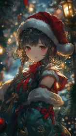 Anime Christmas portrait in festive bokeh illumination style.