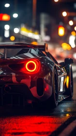 Rear view racing car on wet urban street at night.
