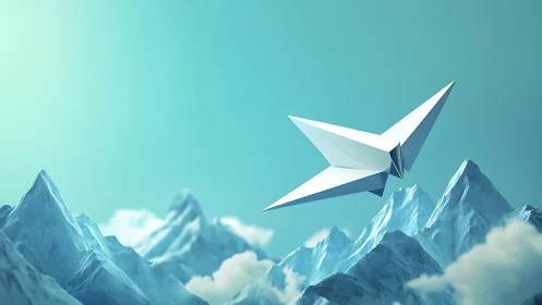 Low-poly paper aircraft gliding over stylized alpine ridge