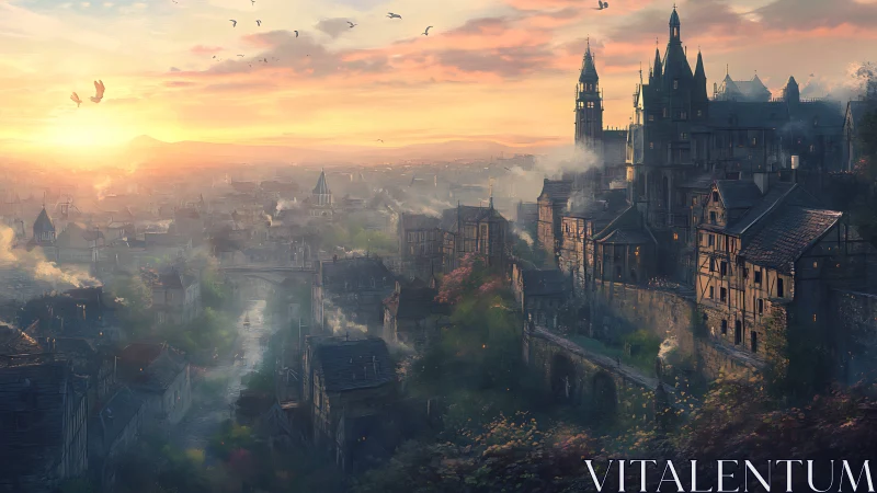 Sunlit medieval cityscape with fortified cliffside citadel.