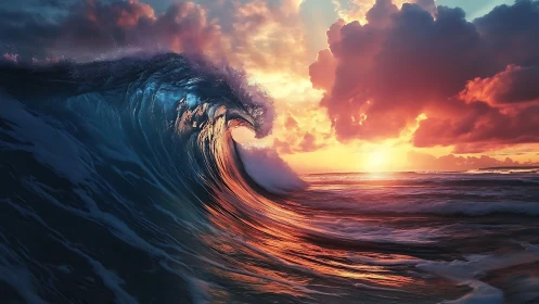 Sunset wave curls under dramatic glowing storm clouds.