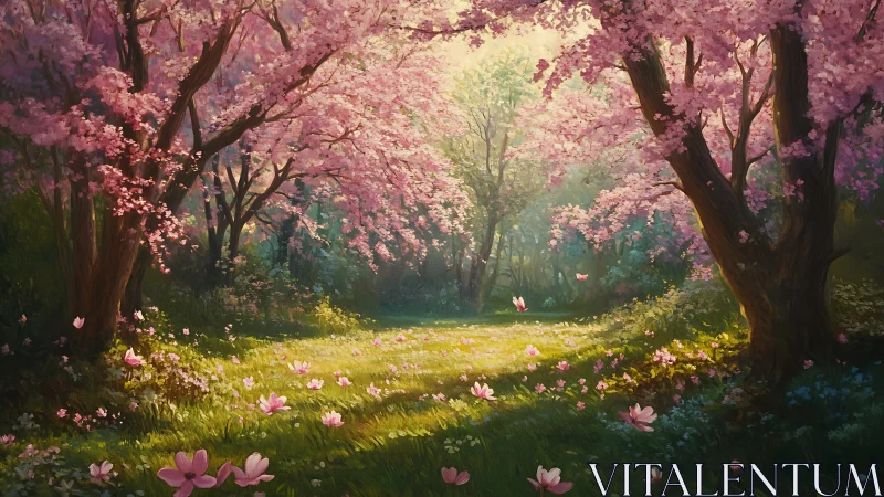 Whispering cherry grove bathing in spellbound springlight.