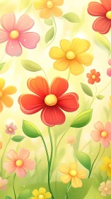 Illustrated floral arrangement with varied botanical forms and warm color gradients.