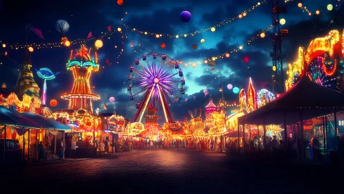 Midnight carnival skyline blazing with electric whimsy and wonder.