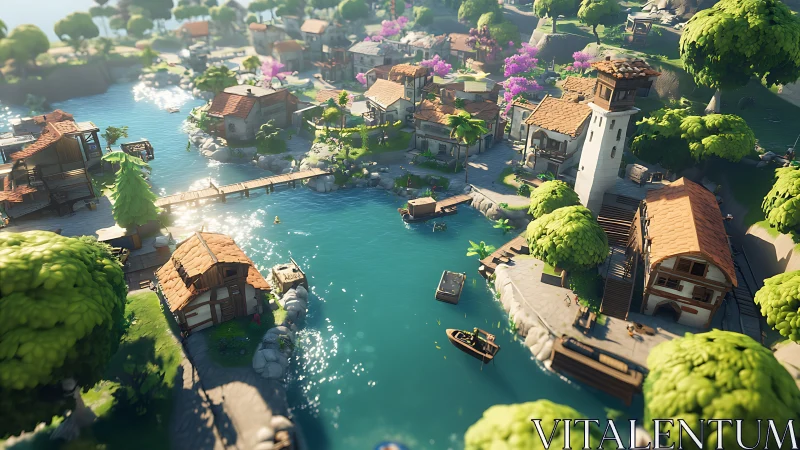 Isometric Village Harbor with Turquoise Waters and Terracotta Architecture.