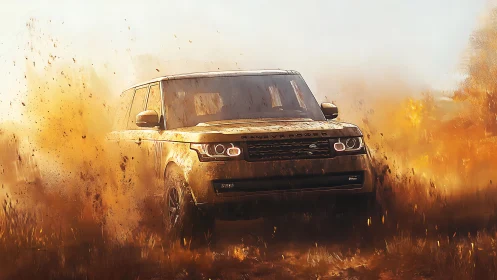 Range Rover SUV powers through muddy off road terrain.