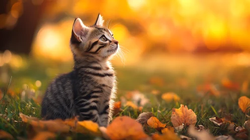 Tabby Kitten in Autumn Meadow with Golden Hour Bokeh.