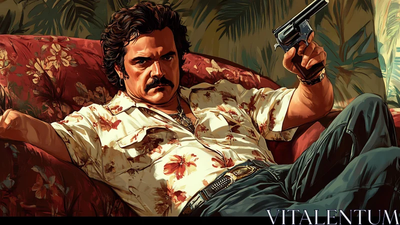 Reclining rebel in florals clutching a quiet revolver.