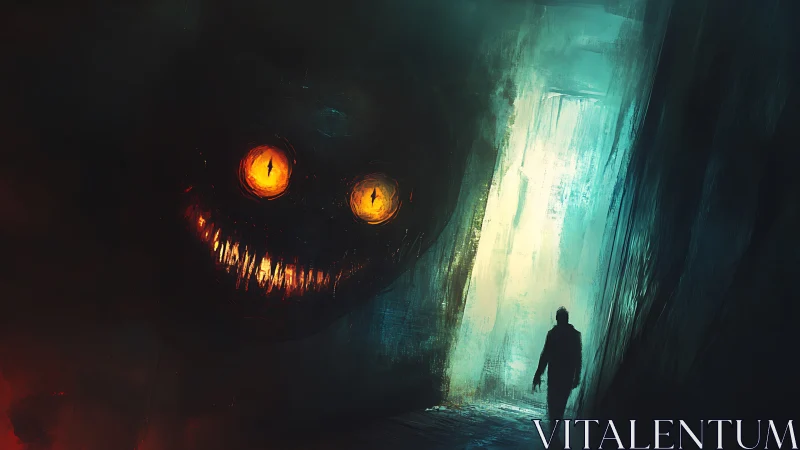 Lurking demon face with glowing eyes stalking lone wanderer.