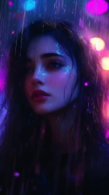 Neon rain dreamscape around a luminous midnight gaze.